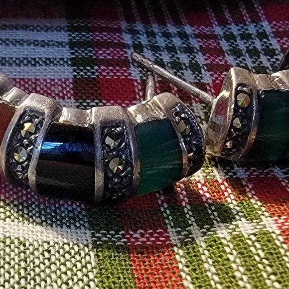 🗝Vintage Sterling Jade, Hematite, & Amber Marcasite Earrings - Picture 6 of 8